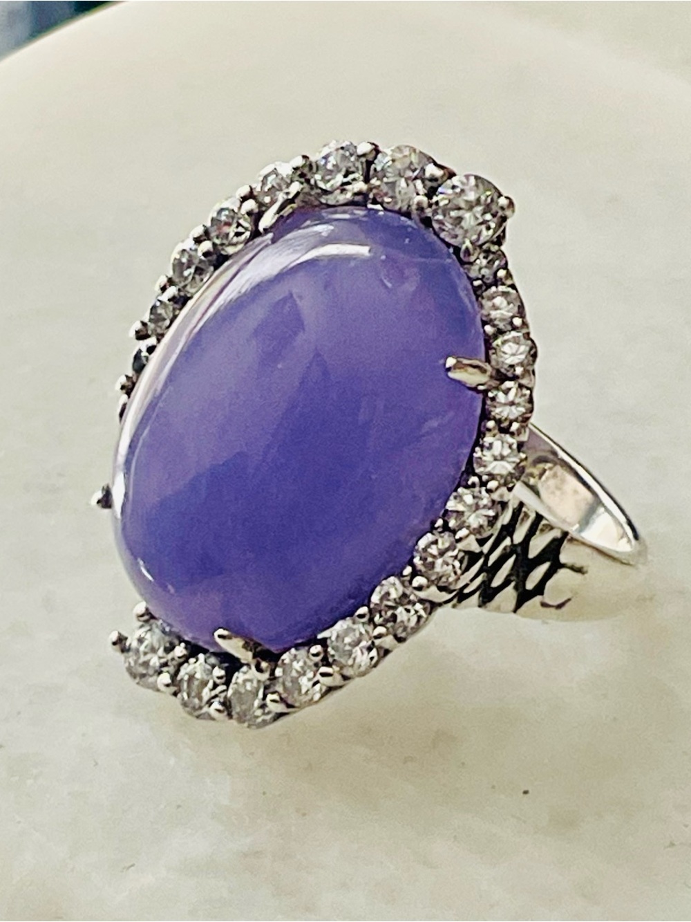 Lavender Jade Ring 925 Sterling Silver CZ Accents Sz 6.25 Large Cocktail Luxury